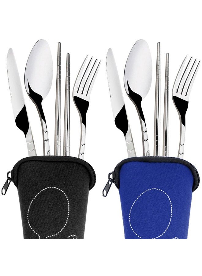 SENHAI 8 Pieces Flatware Sets Knife, Fork, Spoon, Chopsticks, 2 Pack Rustproof Stainless Steel Tableware Dinnerware with Carrying Case for Traveling Camping Picnic Working Hiking(Dark Blue,Black) - Image 2